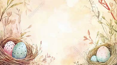 Watercolor Easter eggs in nests with delicate foliage borders. Concept of spring celebration, holiday decoration, Easter