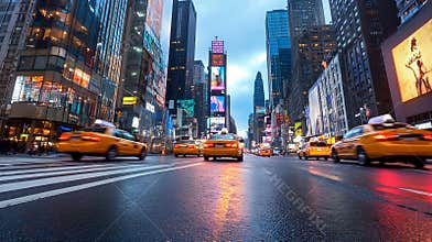 Generative AI Vibrant New York City Street Scene with Yellow Taxis and Bright Advertising at Night business concep