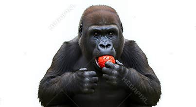 Playful Chibi Gorilla Eating Strawberry: Photorealistic Pastel Illustration