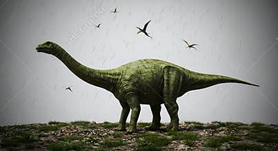 Pixelated Green Dinosaur in a Rocky Landscape Under a Grey Sky