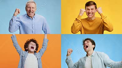 Joyful champions celebrating victories in vibrant collaged backgrounds