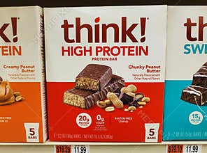 Wilmington, Delaware, U.S.A - Feb 7, 2025 - The Think Delight chunky peanut butter protein bars on the shelves