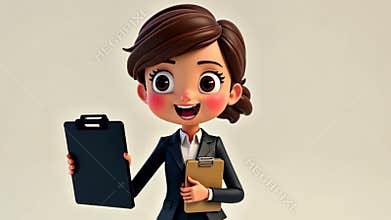 Cheerful Cartoon Character in a Professional Outfit Holding Clipboards