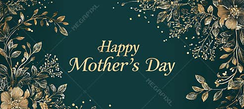 Elegant Mother's Day Card Design with Gold Floral Borders on Dark Green Background