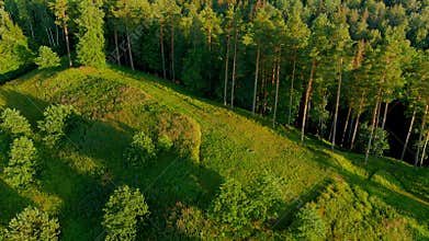 Scenic aerial view of Stirniai mound. Neris Regional Park, Vilnius, Lithuania.