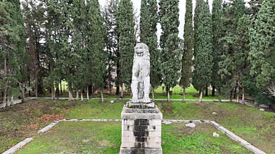 Aerial view of The Lion of Heronia in Greece erected in honor of the Sacred Band of Thebes, Cheronia