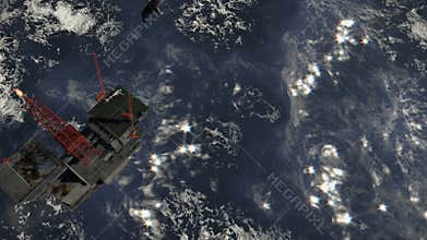 Oil Rig in stormy ocean, cam fly, stock footage