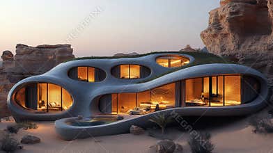 Modern Eco Friendly Architecture Featuring Biomaterials and Renewable Design in a Vibrant Desert Environment Showcasing