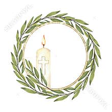 Burning candle with golden cross and olive tree branch circle frame. Watercolor religious wreath