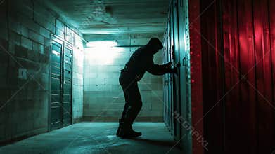 Hidden trespasser: camouflaged figure, unlawful action, secret maneuver, home invasion, property crime, private theft, silent