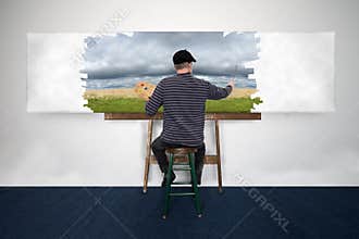 Artist and Painter Paint Oil Painting Landscape on White Canvas