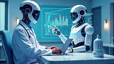 Human and robot collaborate in hightech financial analysis with advanced digital interface display