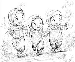 A family doing a charity run for Ramadan, coloring page for kids, simple outline illustration. Coloring book.