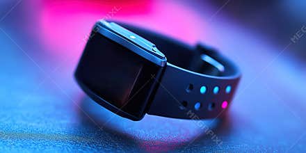Modern fitness tracker resting on a table with vibrant lighting at a tech expo in the evening