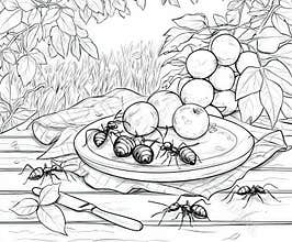 A cheerful picnic scene with ants and fruit, coloring page for kids, simple outline illustration. Coloring book.