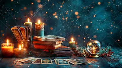 Mystical tarot cards, candles, and books in ambient light. concept of astrology, divination, mysticism, and spirituality