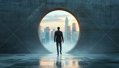 Surreal Scene Of A Businessman Walking Through Keyhole-Shaped Door Towards The City