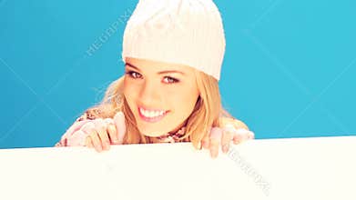 Laughing Woman Holding Blank Banner