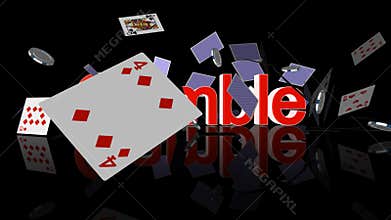 Gamble text with casino chips and cards falling, stock footage