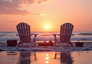 Beach Chairs and Picnic Basket at Sunset by the Sea