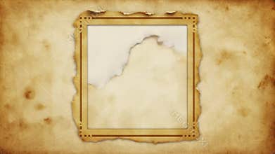 Vintage-style picture frame on an old piece of paper with yellowed edges and torn corners
