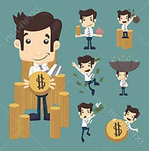 Set of businessman make money characters poses