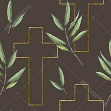 Golden Cross with green olive tree branch seamless pattern Watercolor religious painted illustration