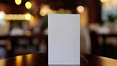 Blank White Menu Card on Dark Wooden Table in Warmly Lit Restaurant Setting Ideal for Food and Beverage Advertising