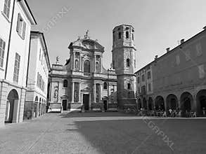 San Prospero Basilica, Reggio Emilia. Historic square, Baroque architecture. Black and white photo.