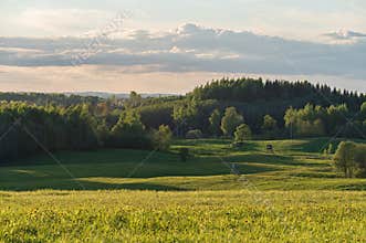 Agricultural fields and forests on the hills in the evening light