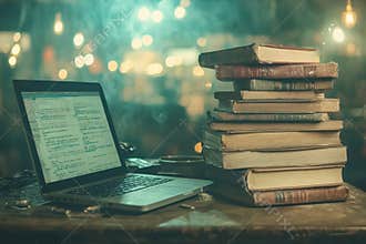 Nighttime Desk Setup with Laptop and Books Stacks