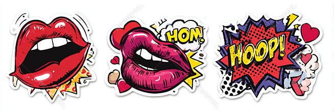 Colorful Pop Art Stickers Featuring Bold Lips, Comic Speech Bubbles, and Playful Designs for Vibrant Creative