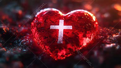 Christian Cross in Abstract Heart - Love of God Symbol Vector Illustration