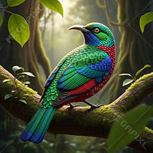 An AI generated image of colorful bird perching on a branch in forest