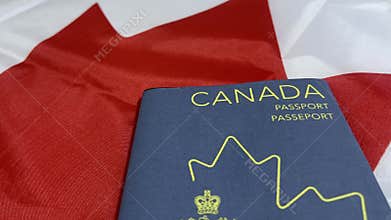 Canadian Passport top view design 4k aniamation placed on the flag, traveling concept background