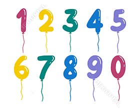 helium balloons in the shape numbers for childrens kids birthday. Cute and positive decor hand drawn set. Colorful