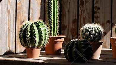 Cacti rotating on wooden shelf in sunlight