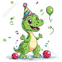 Happy dinosaur birthday party green reptile celebrating confetti balloons fun