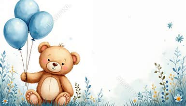 Watercolor illustration. Cute teddy bear sits on grass with blue balloons. Soft blue tone birth announcement card template for