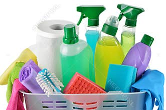 Cleaning products and supplies in a basket.