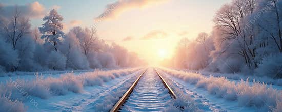 Winter railway tracks leading into the distance. Snowy landscape with trees covered frost. Cold season scene, journey, transport