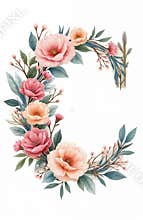 Watercolor floral letter C. Delicate detailed painting with pink, peach roses and green leaves on white background. Design for