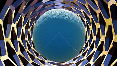 A spherical molecule is traversing the hollow part of a carbon nanotube