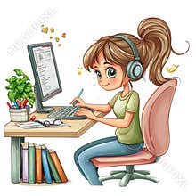 Girl coding at her desk wearing headphones happy with her work surrounded by books and plants