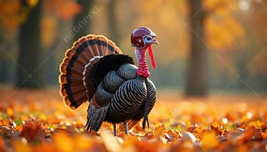 Turkey wearing football helmet in field of autumn leaves. Bird stands proudly among fall foliage, perfect for Thanksgiving,