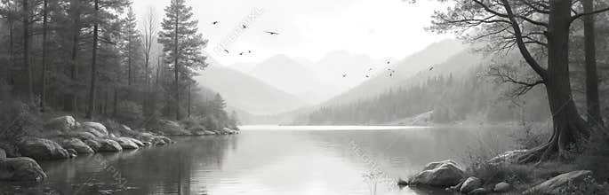 Pencil drawn forest landscape with lake, mountains, birds, trees, reflecting water. Black white artwork serene tranquil mood.