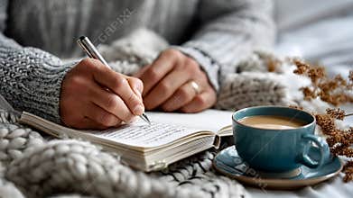 Cozy Morning Journaling with Coffee. Generative AI