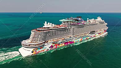 Miami, Florida, USA - March 12, 2025: Ship leaving Miami beach port. Norwegian Aqua cruise ship voyage. Cruise in summer vacation