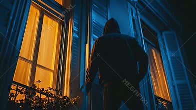 Hidden trespasser: camouflaged figure, unlawful action, secret maneuver, home invasion, property crime, private theft, silent