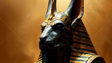 Ancient Egyptian Anubis statue with jackal head, adorned in gold and blue ceremonial headdress. Mystical and regal figure